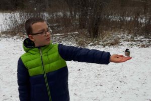 Photo of a boy with a chickadee feeding on his outstretched hand.